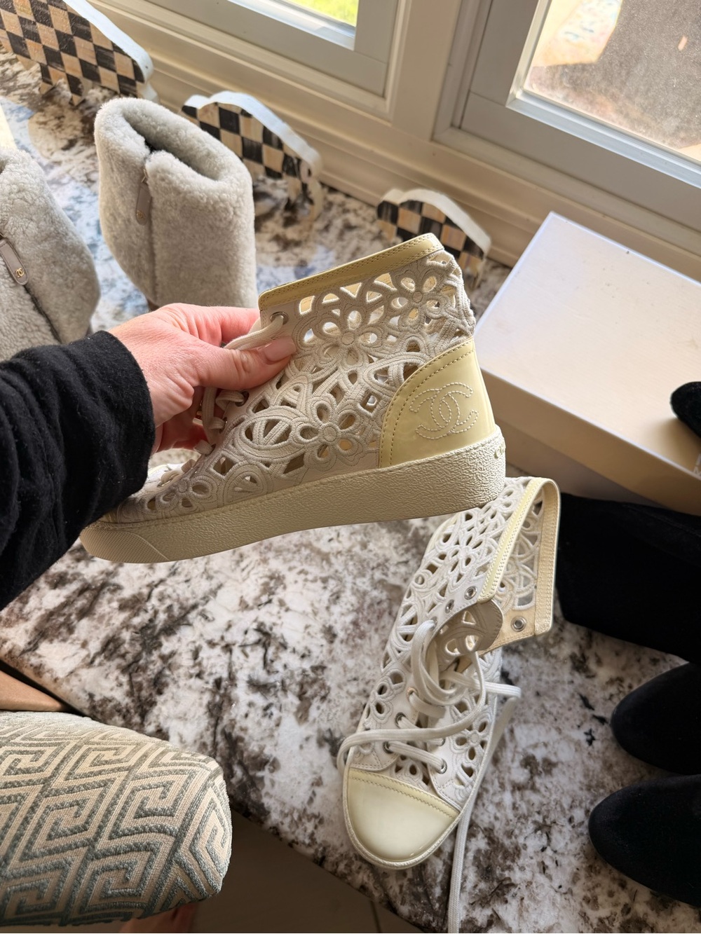 Chanel Ivory Laser-Cut High-Top Sneakers details/price pending